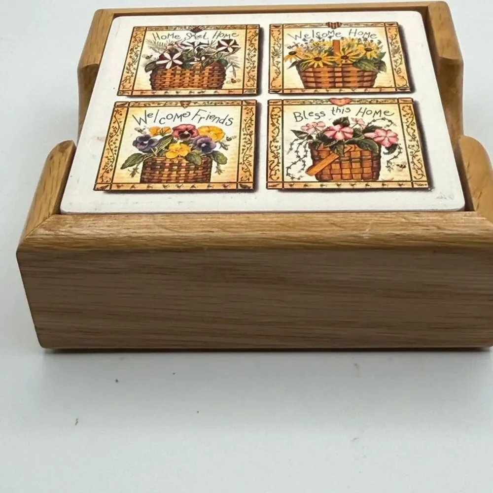 Vintage Country Flower Basket Coaster Set of 4 with Wooden Holder Cottagecore